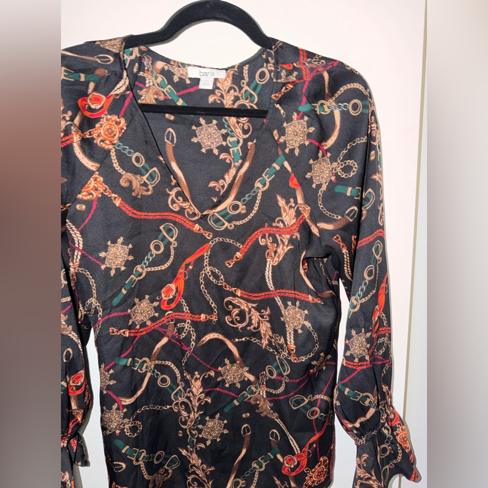 Bar III Black Chain & Rope Print V-Neck Top with Multicolor Accents